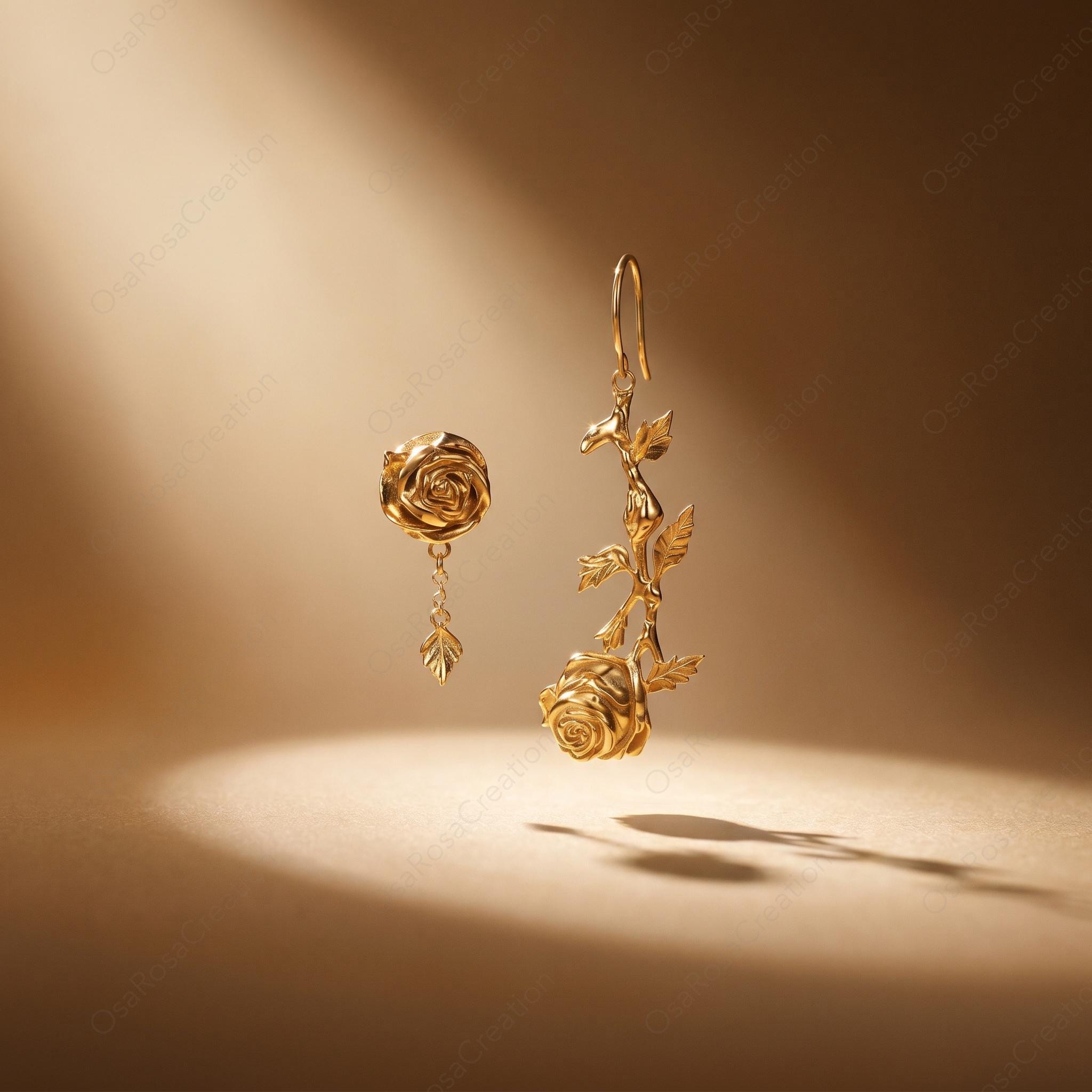Asymmetrical Rose Earrings • 18k Gold Plated, Sterling Silver Posts