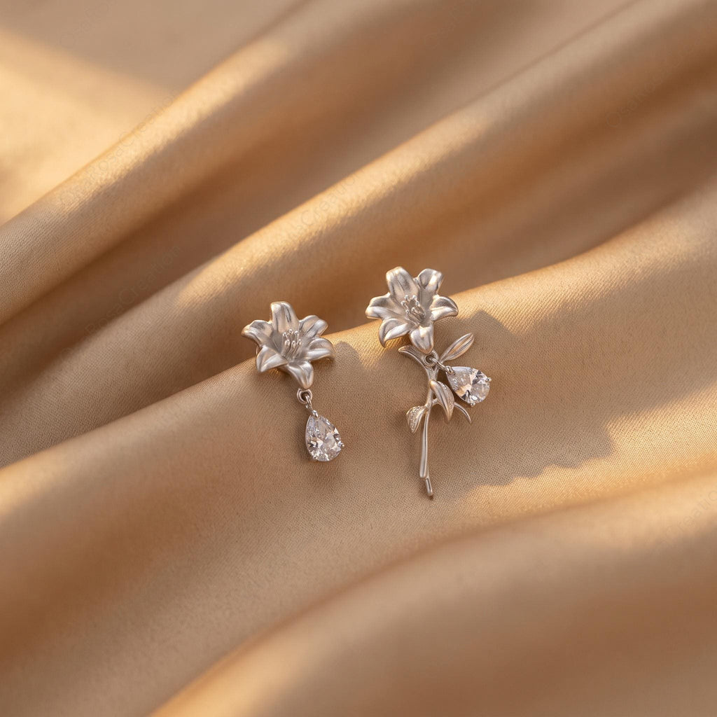 Asymmetrical Lily Earrings, Silver Floral Drop Earrings, Botanical Jewelry, Teardrop Crystal Earrings