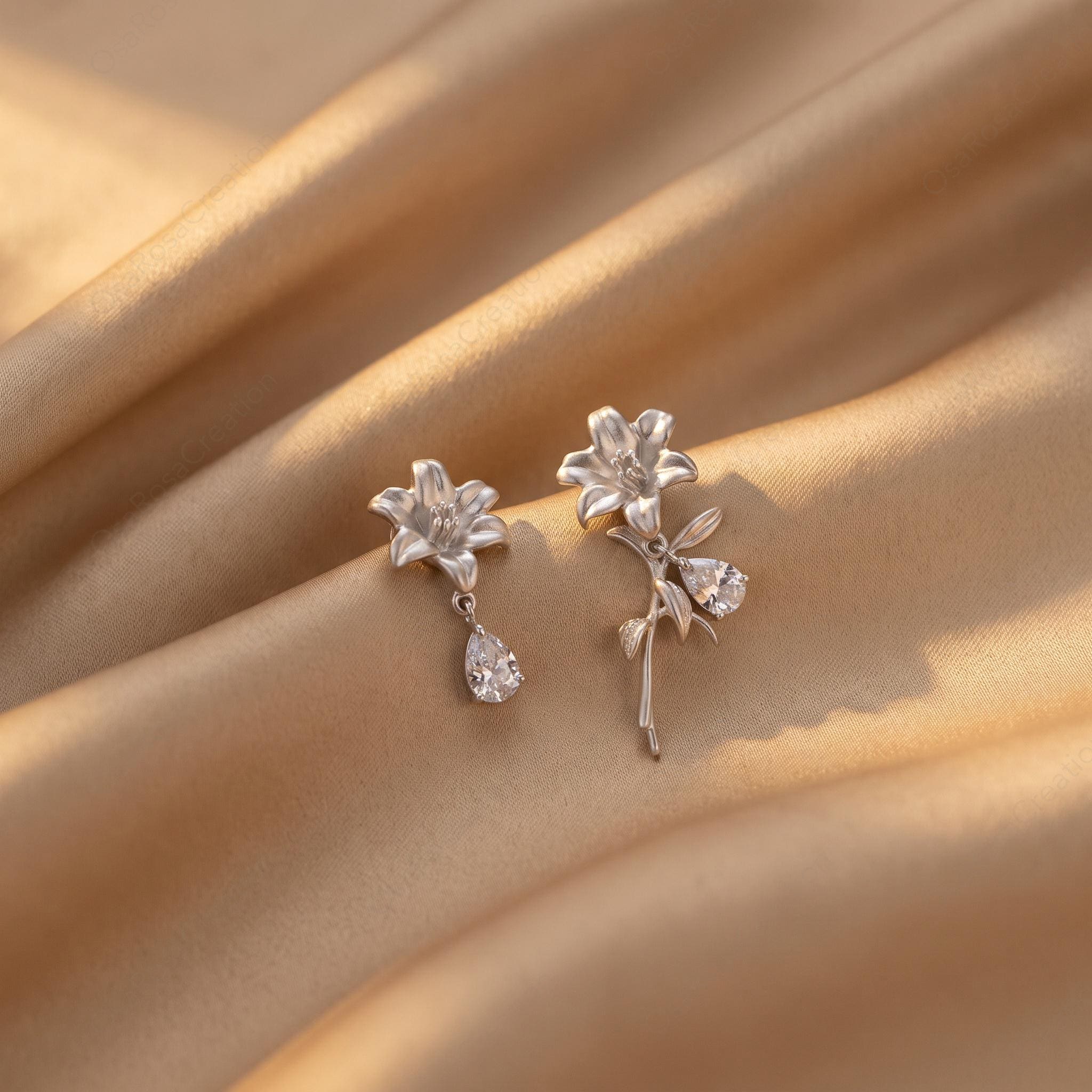Asymmetrical Lily Earrings, Silver Floral Drop Earrings, Botanical Jewelry, Teardrop Crystal Earrings