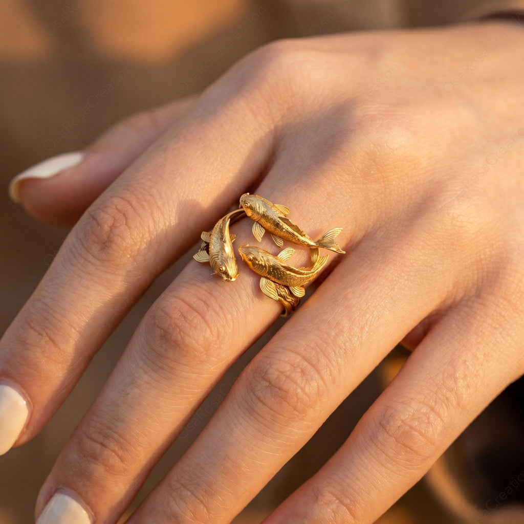 Gold Koi Fish Wrap Ring, Sculptural Double Fish Statement Jewelry, Nature Inspired Charm