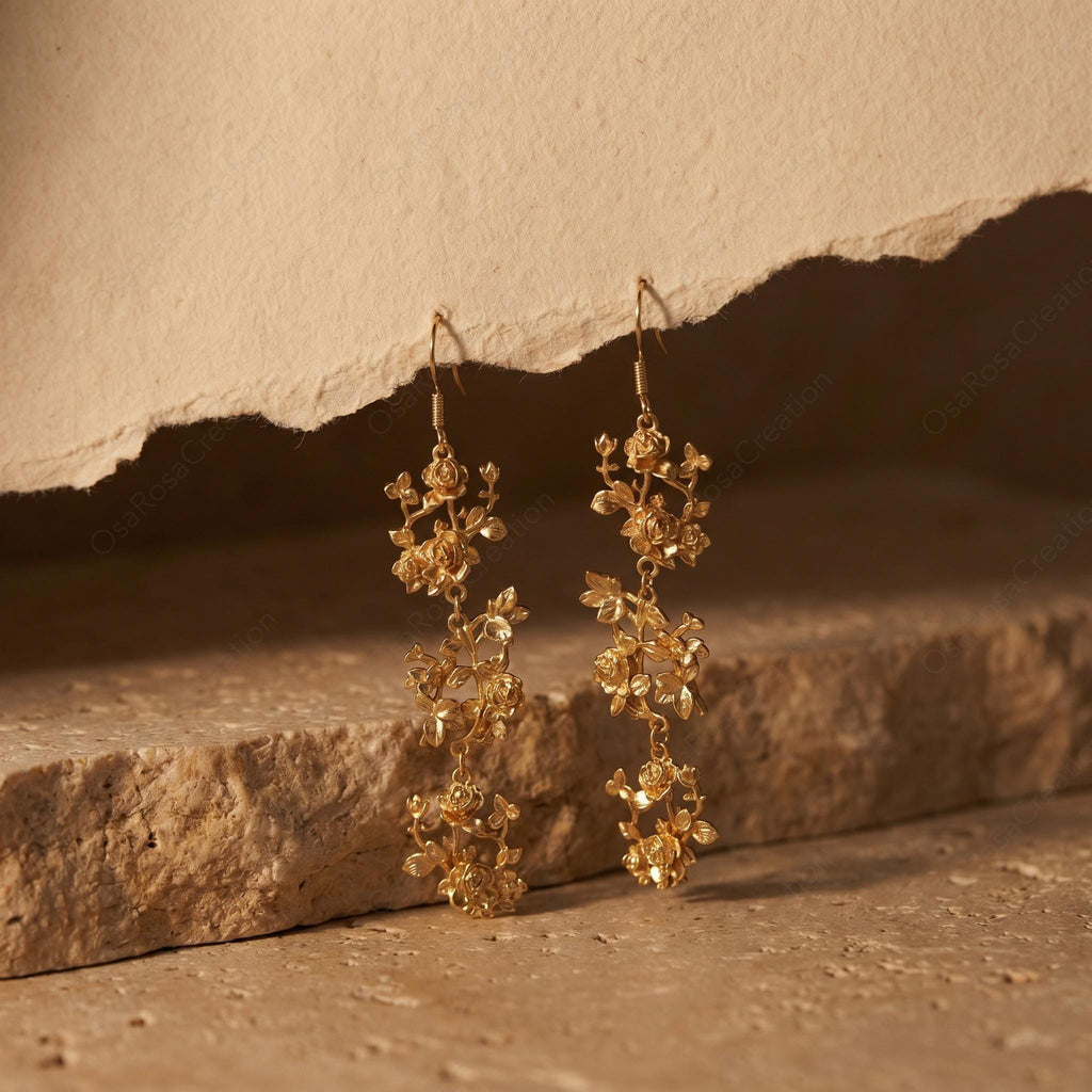Handcrafted Floral Gold Earrings | 925 Silver Hook or Clip | Vintage Flower Dangle Earring| Christmas gift