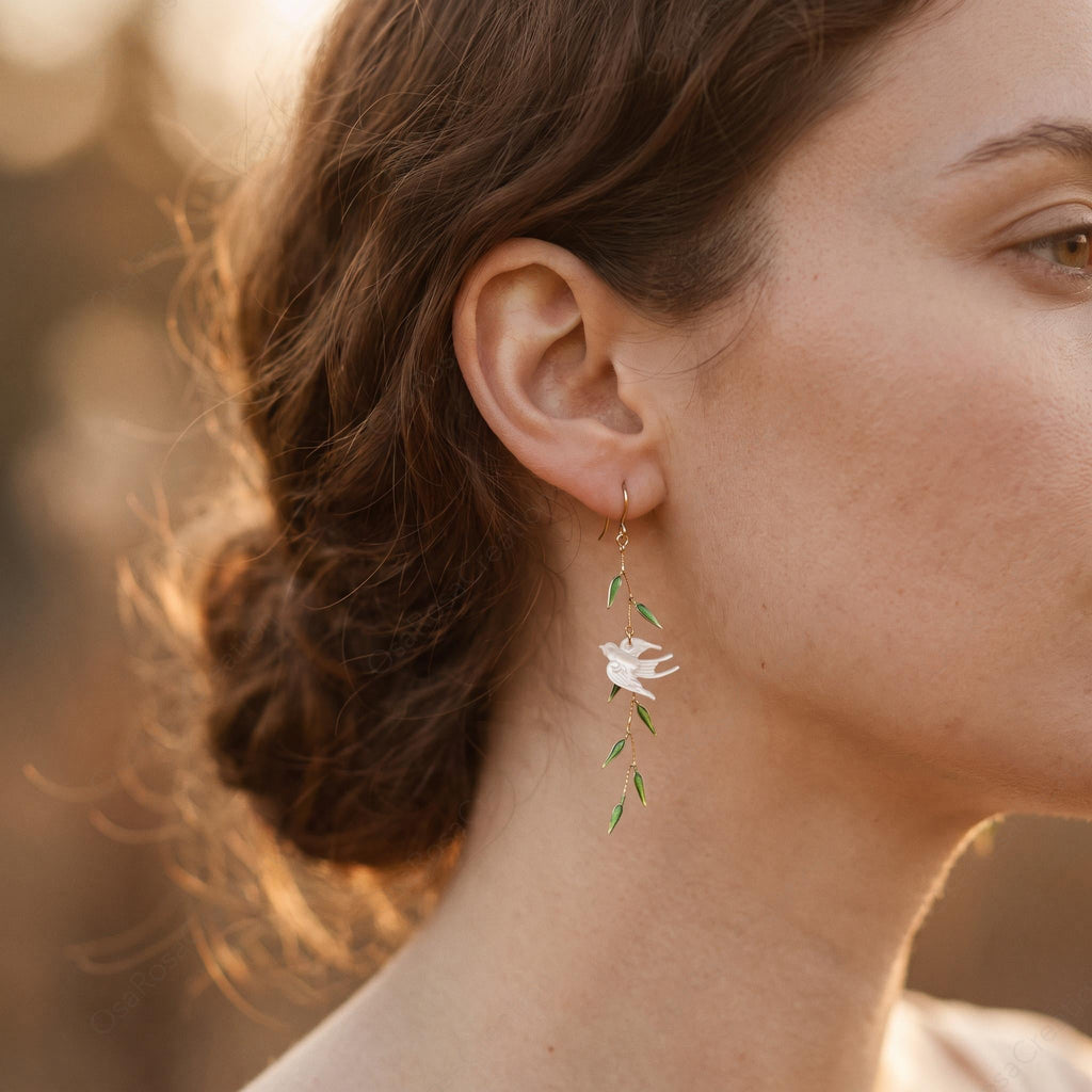 Mother of Pearl Bird Earrings, Gold Enamel Leaf Vine Dangle Jewelry