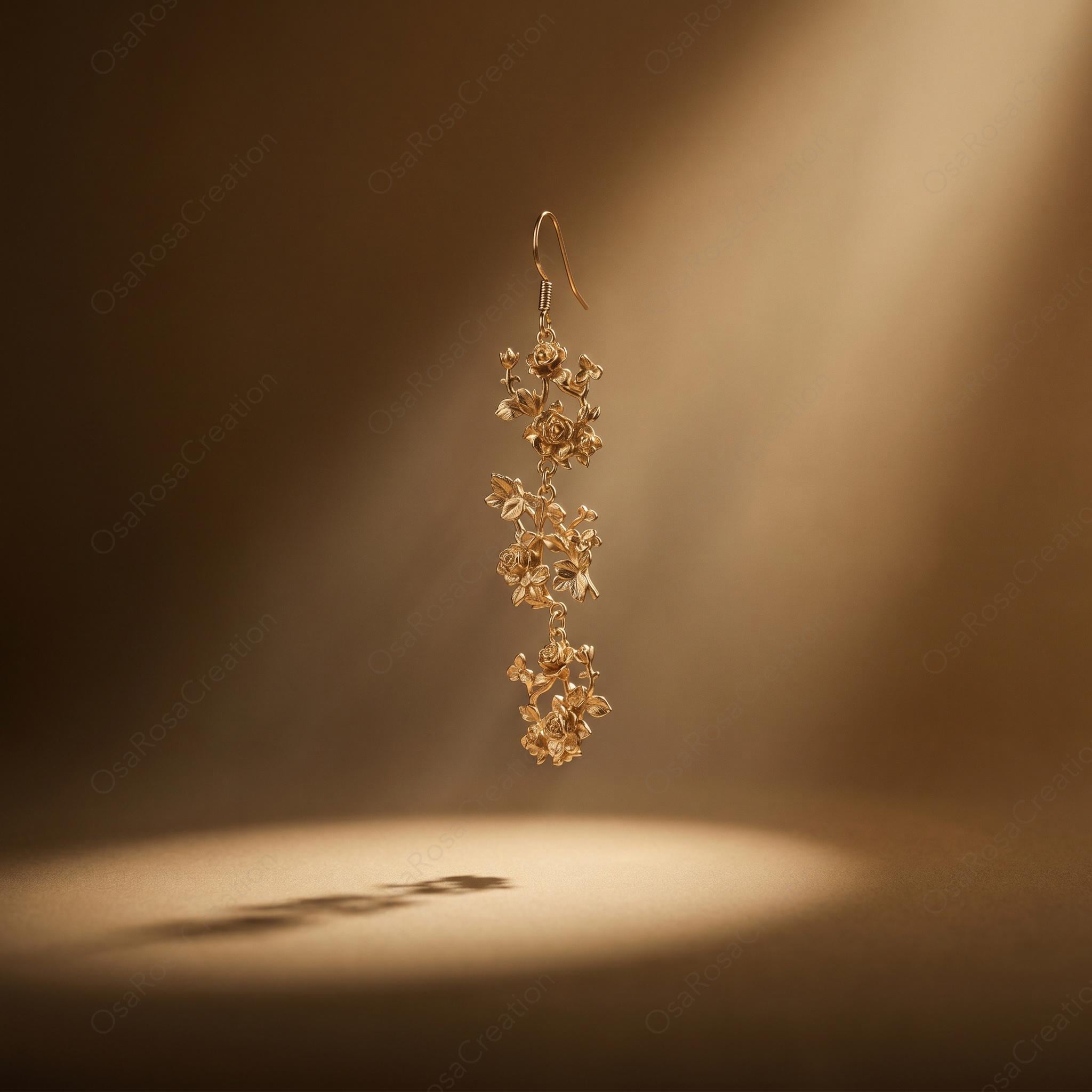 Handcrafted Floral Gold Earrings | 925 Silver Hook or Clip | Vintage Flower Dangle Earring| Christmas gift