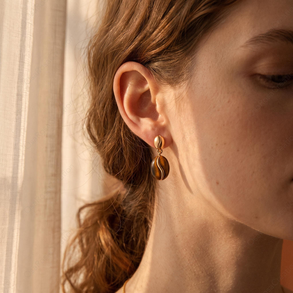 Sculptural Coffee Bean Earrings, Faux Tiger's Eye, Gold Plated Copper, 925 Sterling Silver Post