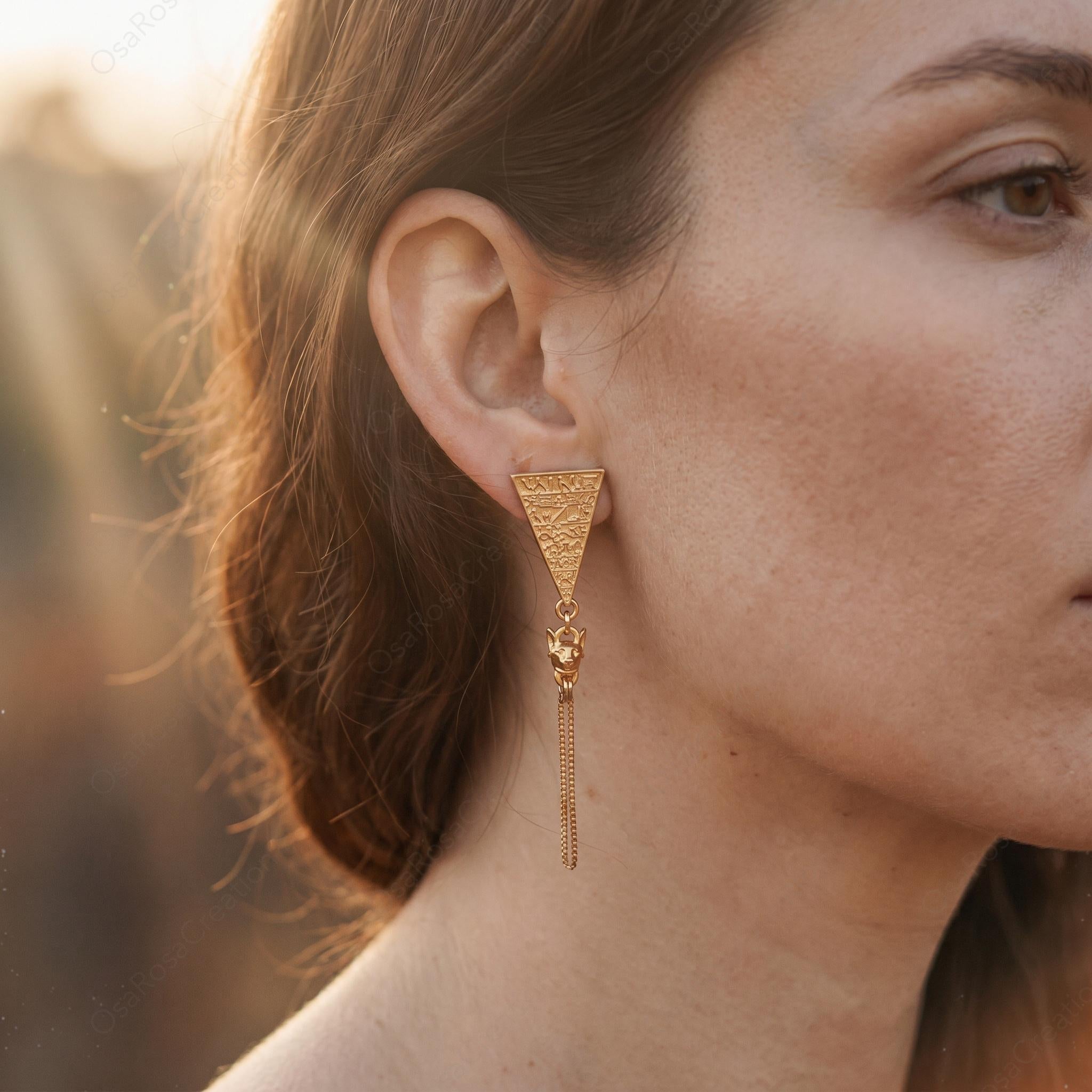 Egyptian Cat Goddess Earrings – Bastet Jewelry Gold Dangle Drop Earrings Ancient Egypt Style