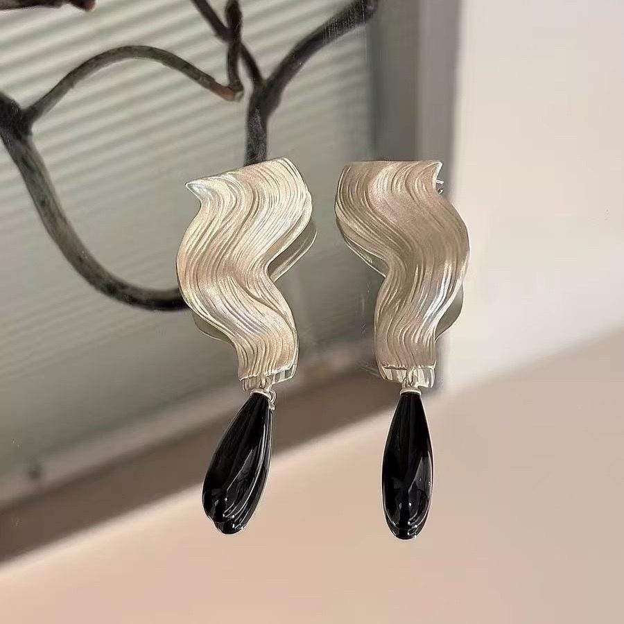 Gold Wave Drop Earrings, Myth Inspired Ocean Jewelry, Sculptural Statement Earrings, Black/Red Teardrop Dangle, 925 Silver Post Gift for Her