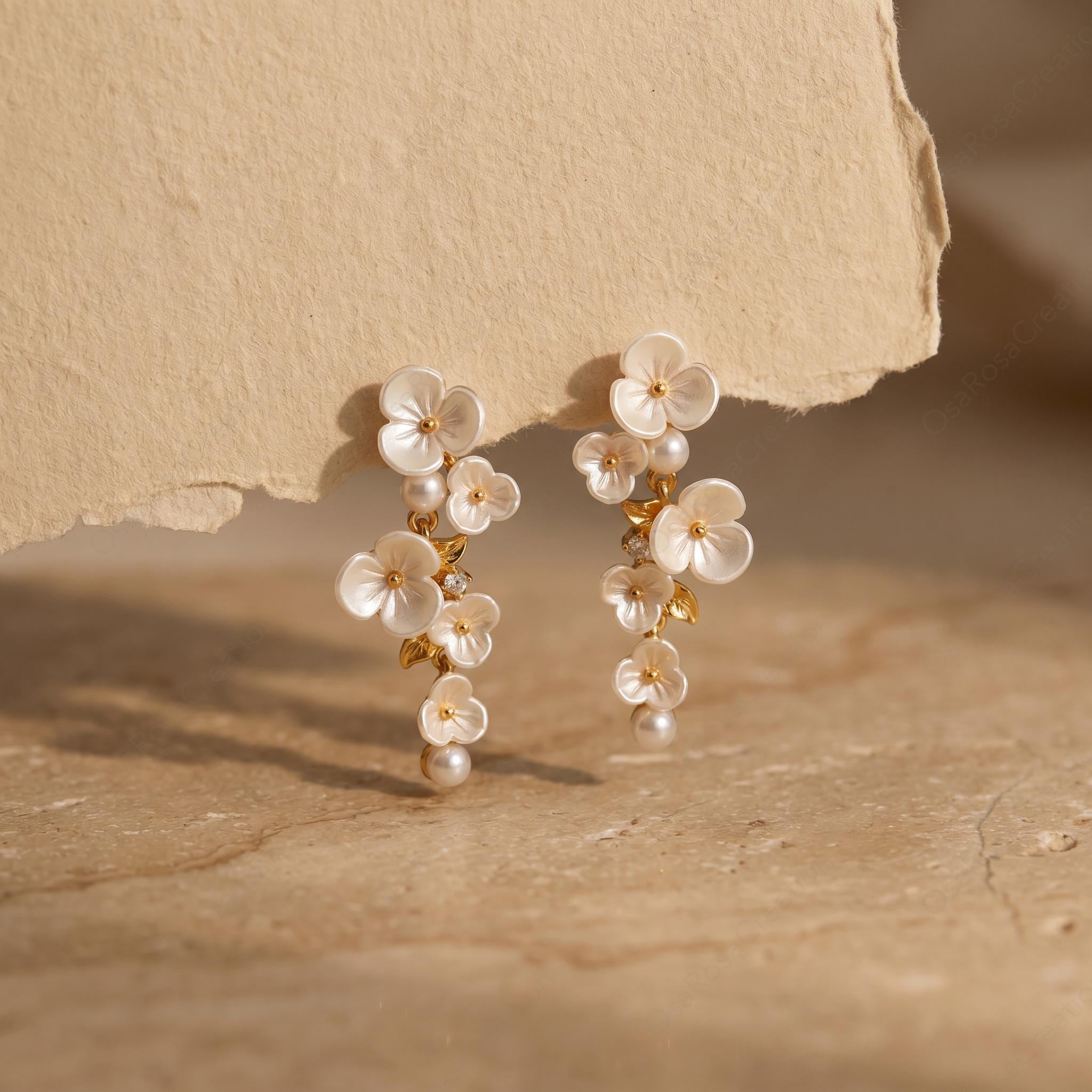 Floral Drop Earrings, Cascading Flower Dangle Earrings, Botanical Bridal Jewelry, Nature Inspired Elegant Wedding Accessories for Her