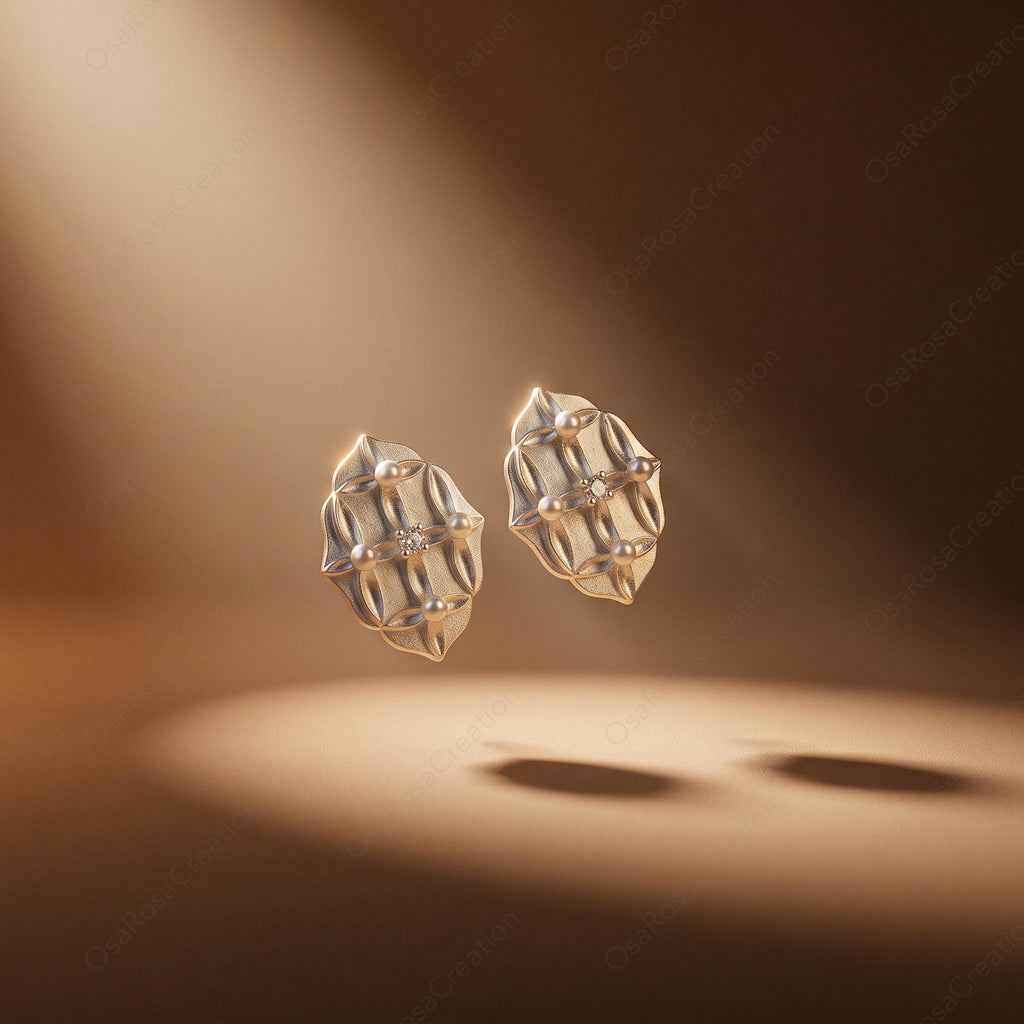 Silver Vintage Style Stud Earrings, Geometric Pearl Earrings, Art Deco Floral Studs