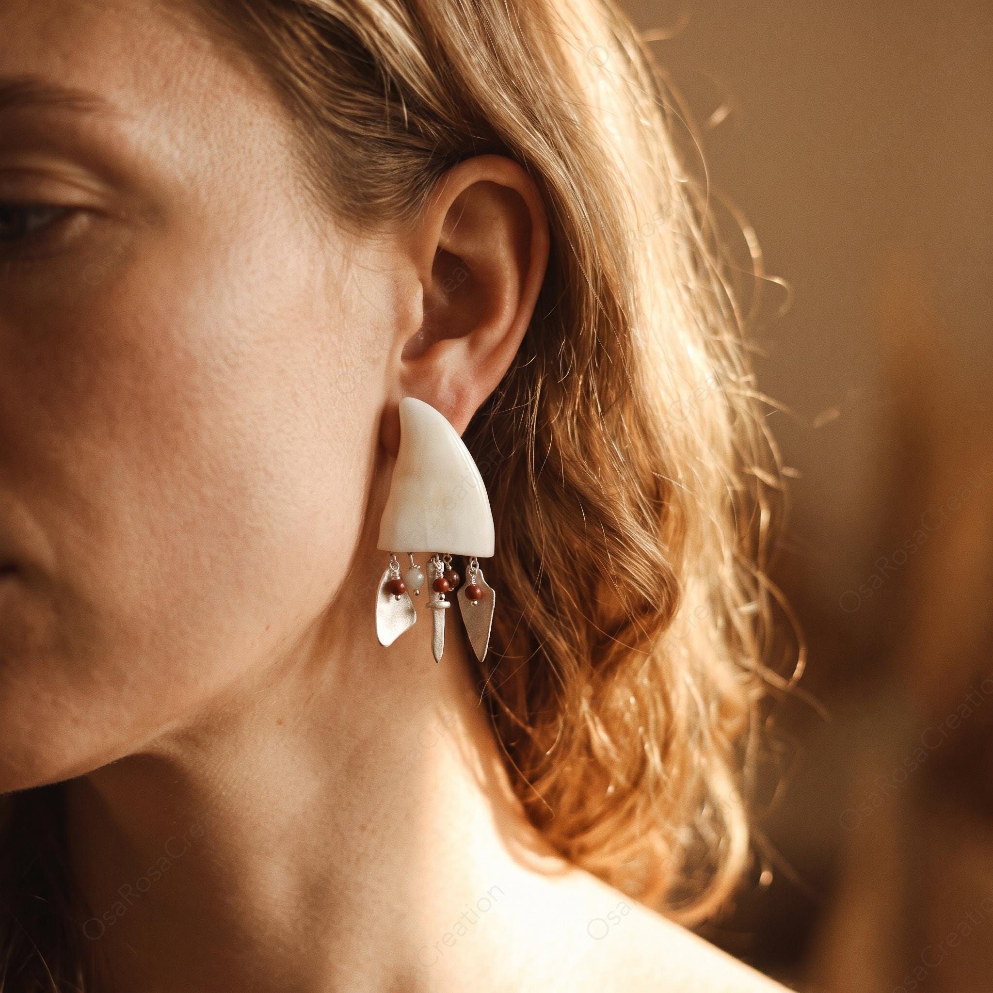 Tribal Horn Faux Resin Earrings, Artisan Sterling Silver Dangle Drops