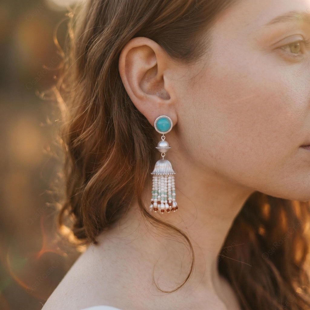 Artisan Sterling Silver Pearl Tassel Earrings, Mediterranean Blue Stone Bohemian Dangles