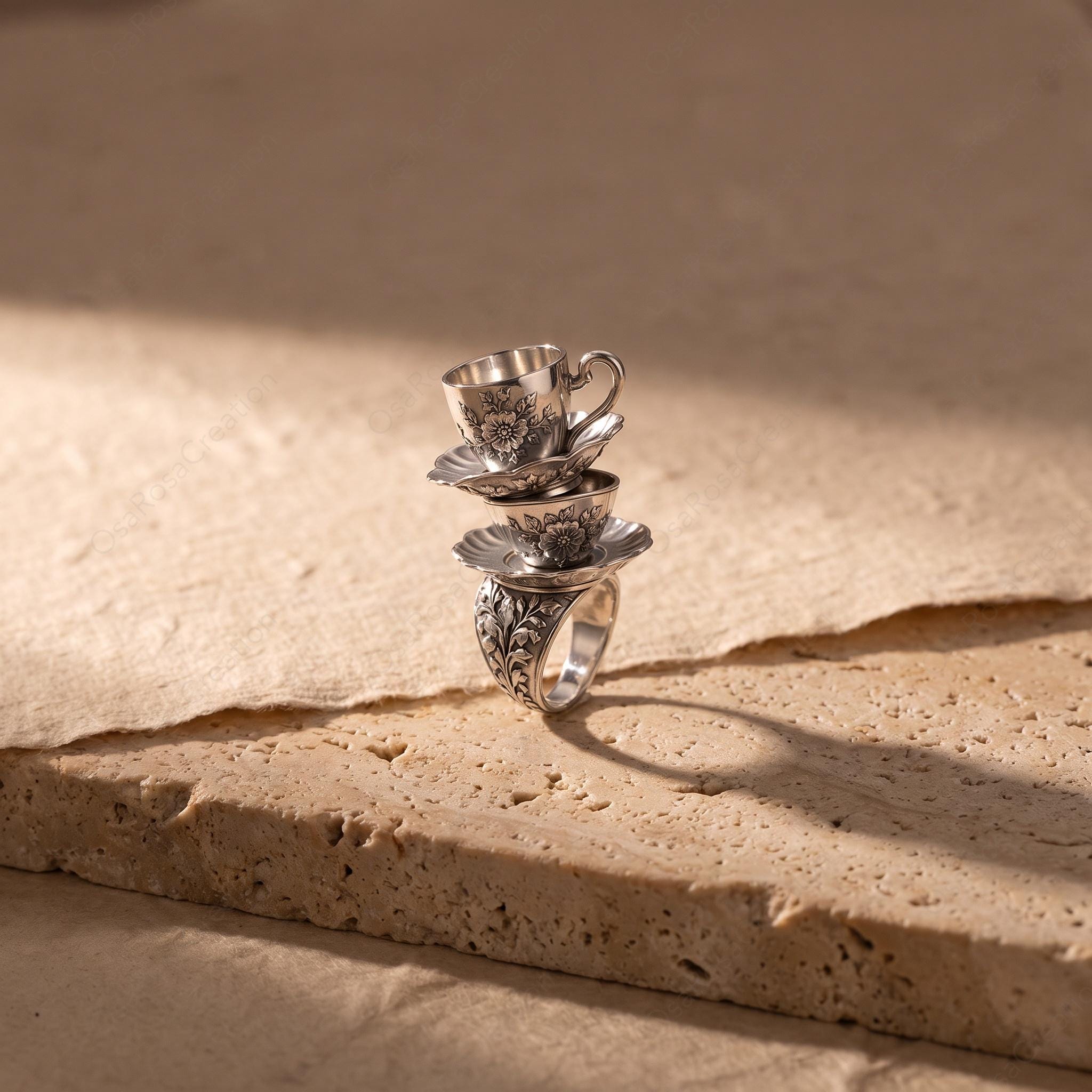 Vintage Stacked Teacup Ring, Floral Engraved Silver, Whimsical Victorian Jewelry