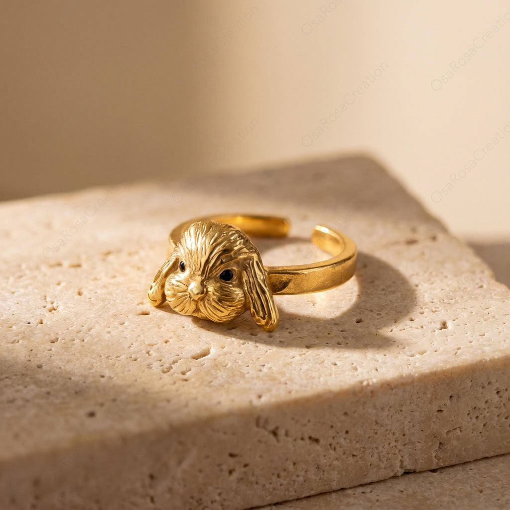Sculptural Lop Bunny Ring, Gold Plated Brass, Vintage Style Animal Jewelry