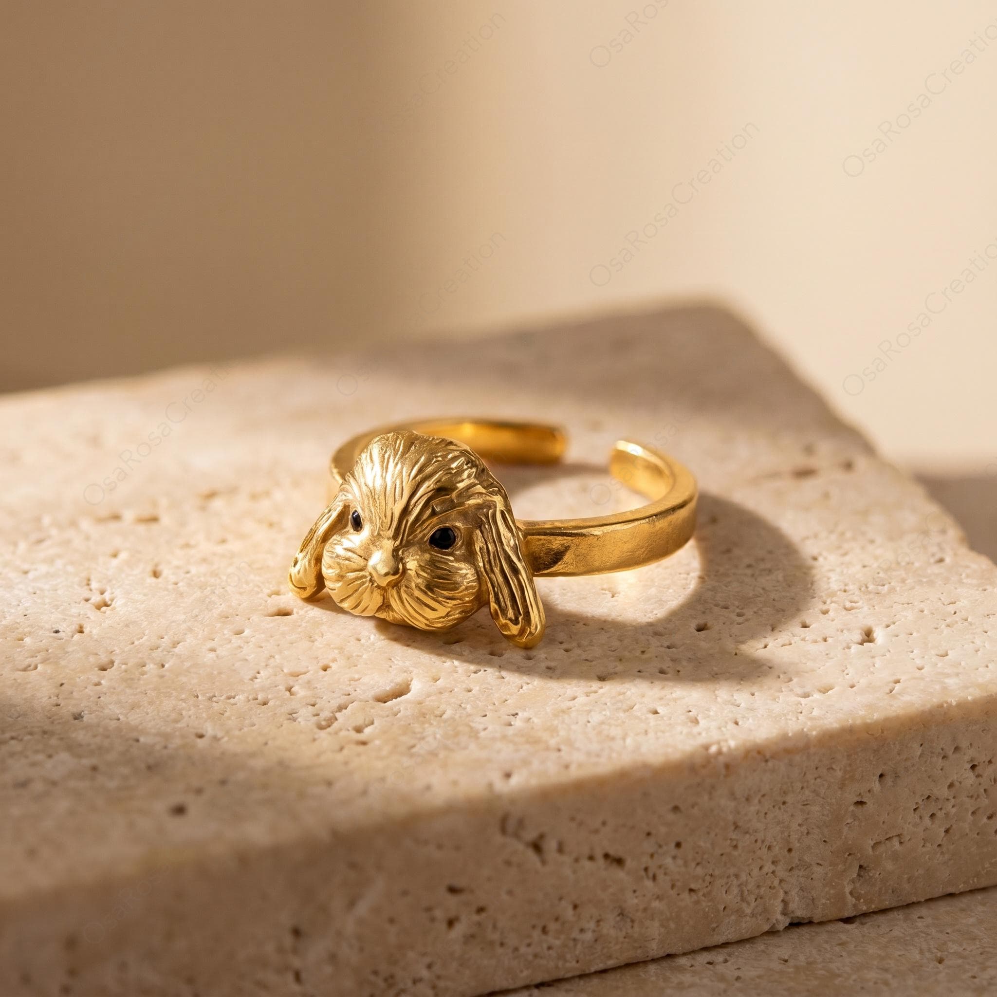Sculptural Lop Bunny Ring, Gold Plated Brass, Vintage Style Animal Jewelry