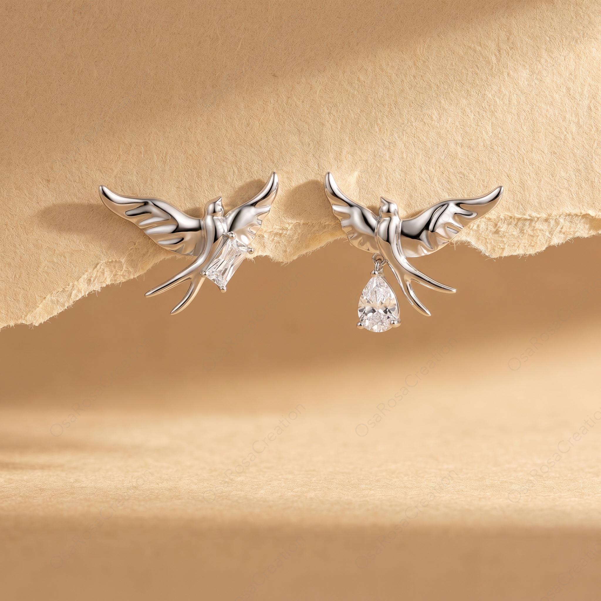 Asymmetrical Sterling Silver Swallow Earrings, Dangle Crystal Nature Jewelry