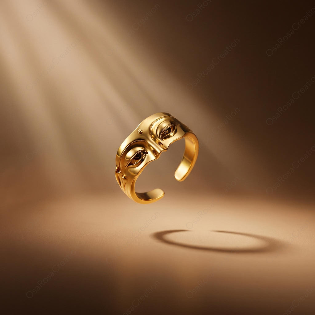 Sculptural Face Ring, Gold Plated Brass Abstract Portrait Jewelry