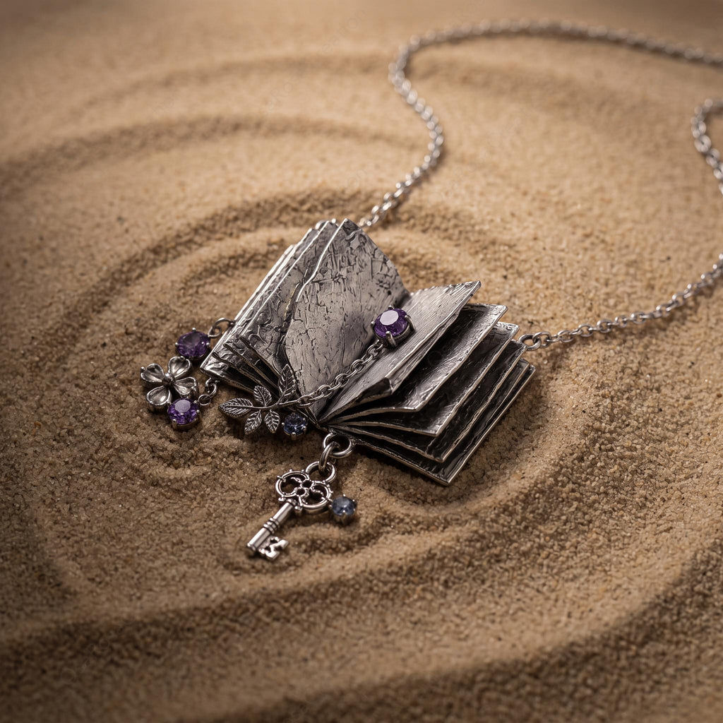 Vintage Book Necklace, Purple Gemstone Floral Key Pendant, Dark Academia Jewelry