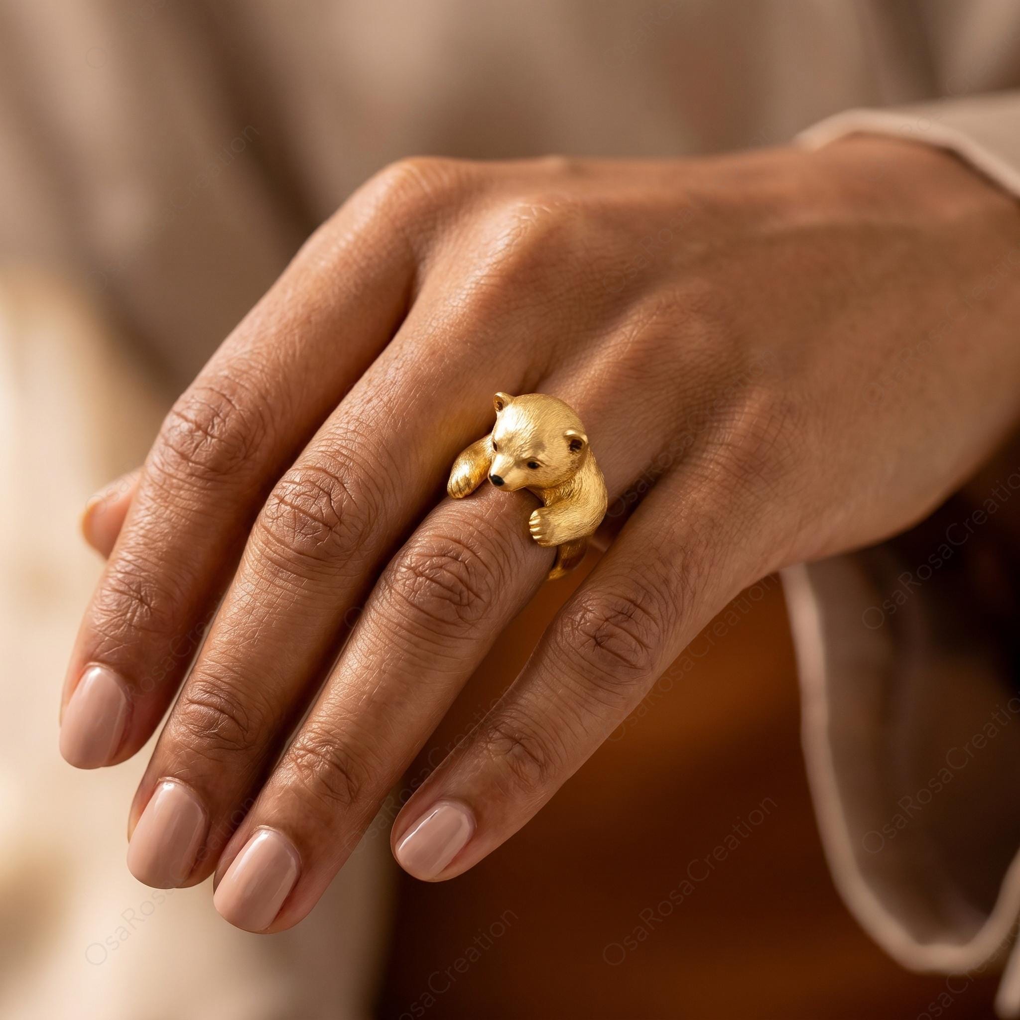 Sculptural Gold Bear Ring | Woodland Animal Hugging Jewelry, Nature Inspired Gift