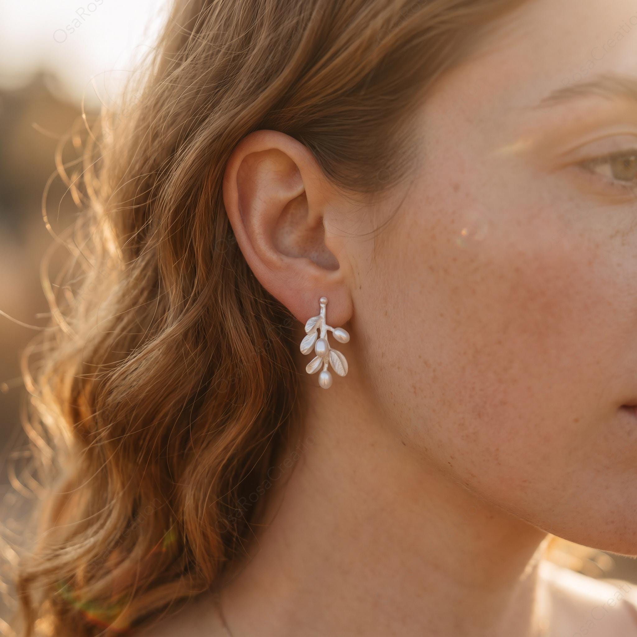 Silver Botanical Branch Earrings with Pearls