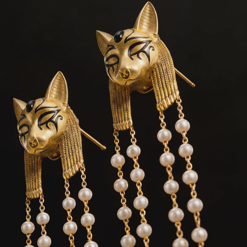 Egyptian Cat Earrings • Bastet Goddess Pearl Tassel • Art Deco Jewelry