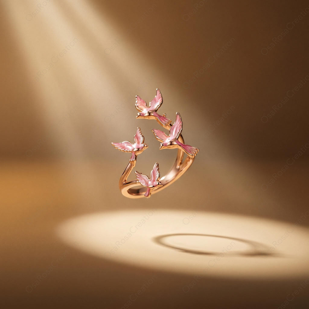 Pink Enamel Bird Ring, Gold Flying Swallow Wrap Ring, Nature Inspired Open Band, Poetic Animal Jewelry, Romantic Spring Gift for Her