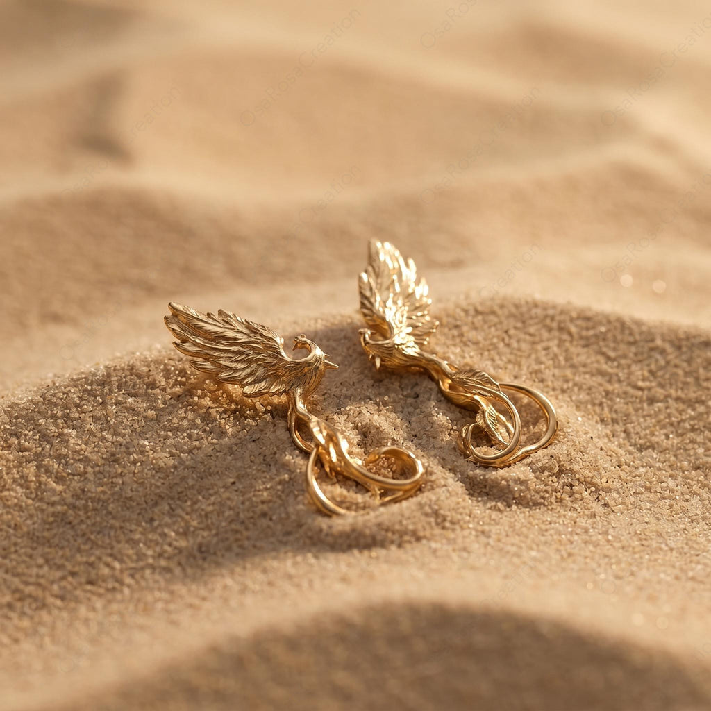 Gold Phoenix Earrings • 18k Plated Brass, S925 Post,Symbol of Rebirth & Strength •New Beginning Gift