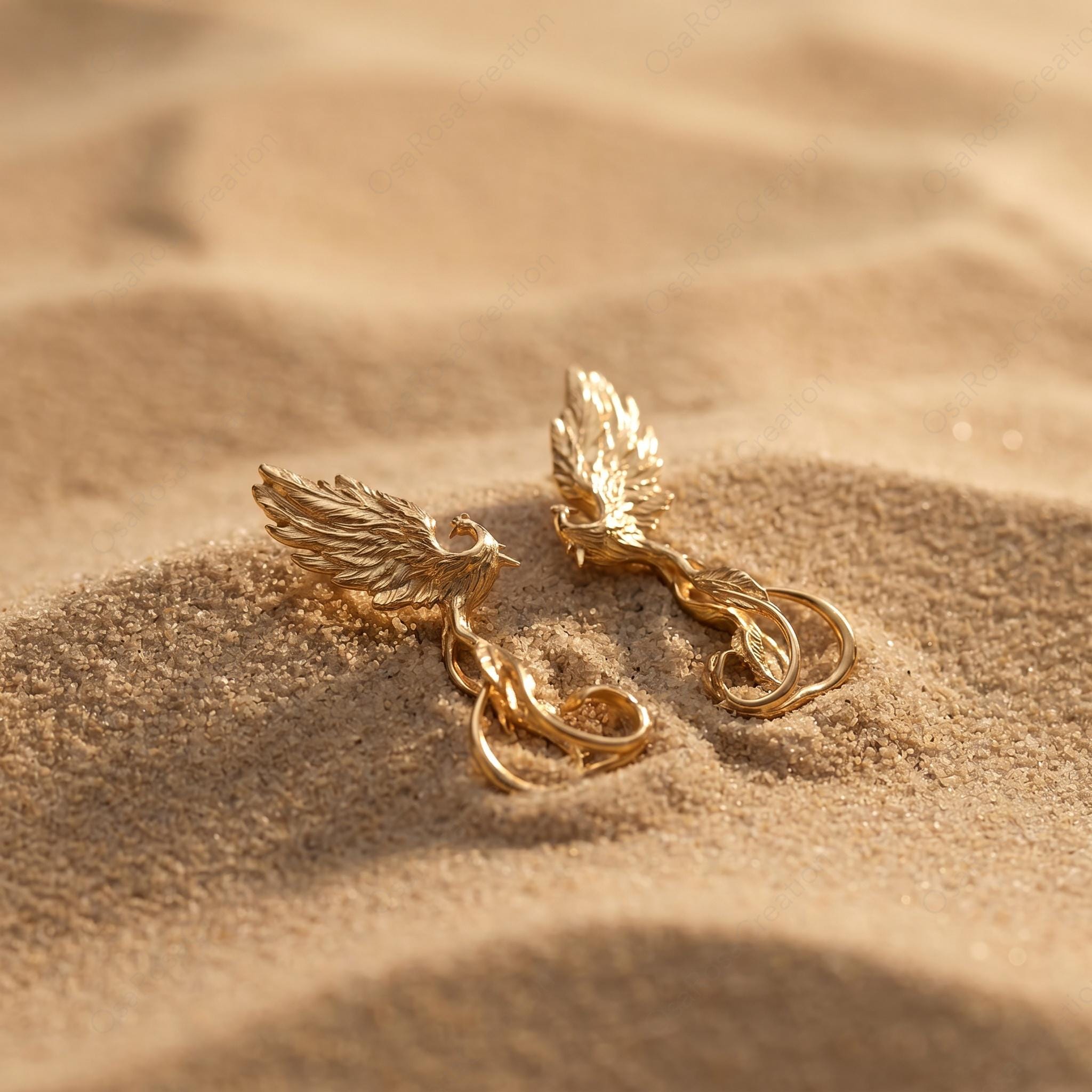 Gold Phoenix Earrings • 18k Plated Brass, S925 Post,Symbol of Rebirth & Strength •New Beginning Gift