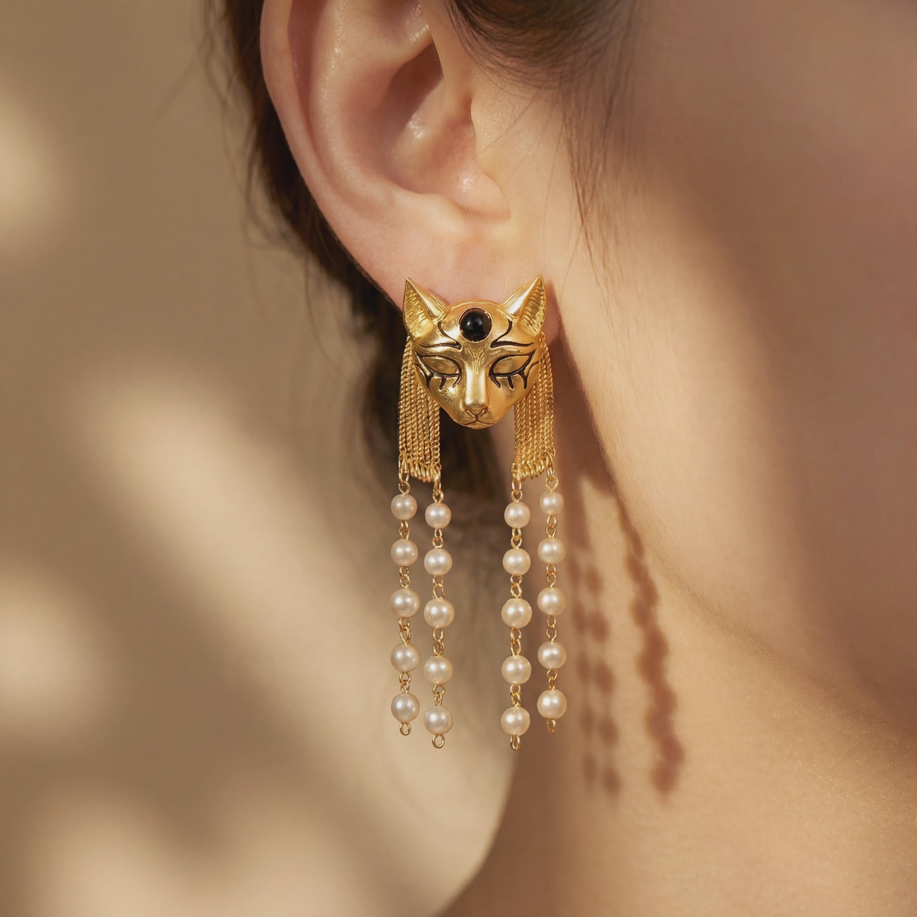 Egyptian Cat Earrings • Bastet Goddess Pearl Tassel • Art Deco Jewelry
