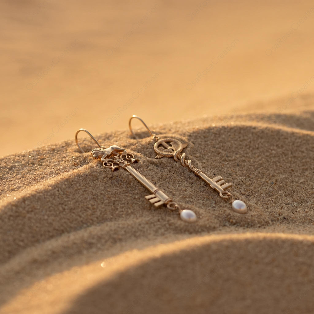 Mismatched Key Earrings • Lion & Caduceus • Pearl Drop, Sterling Silver Hooks