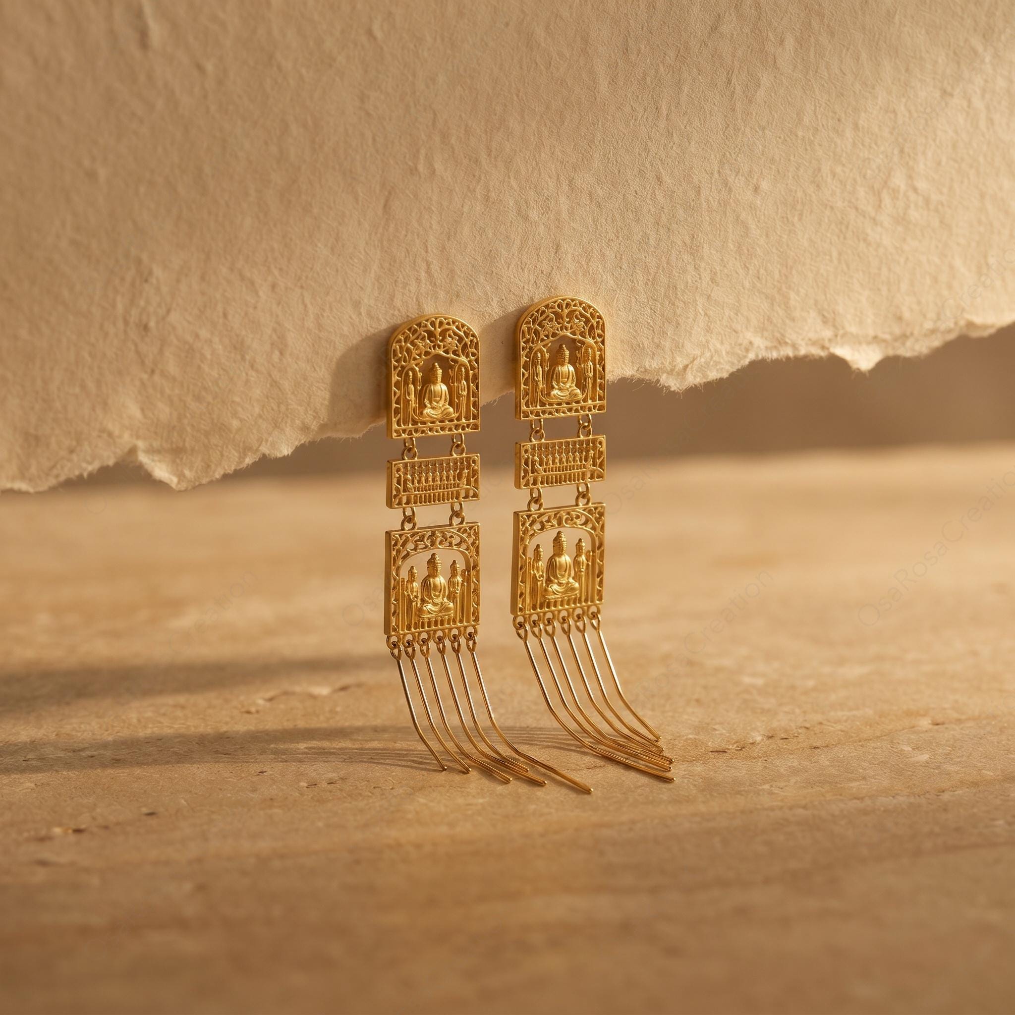 Gold Buddha Dangle Earrings • Zen Temple Jewelry, S925 Posts