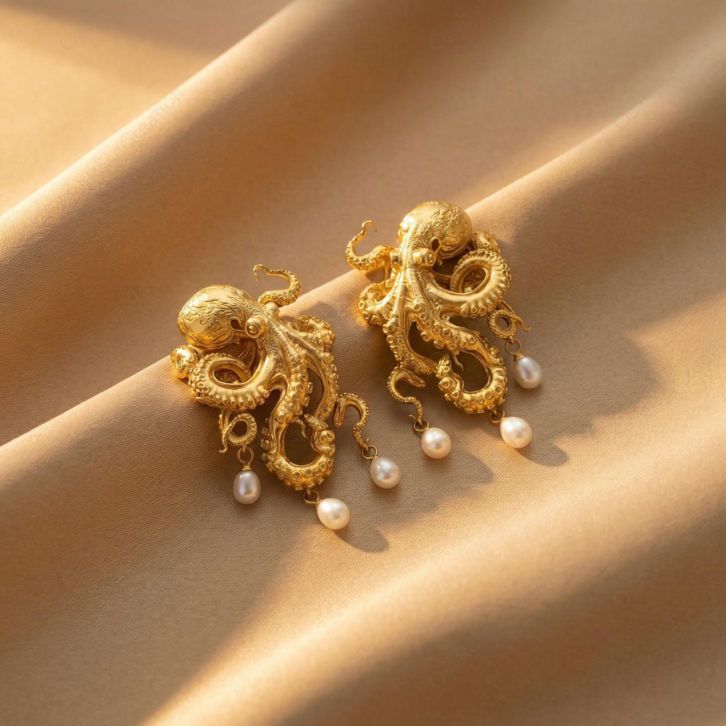 Sculptural Gold Octopus Earrings with Pearl Drops – Artistic Marine Jewelry