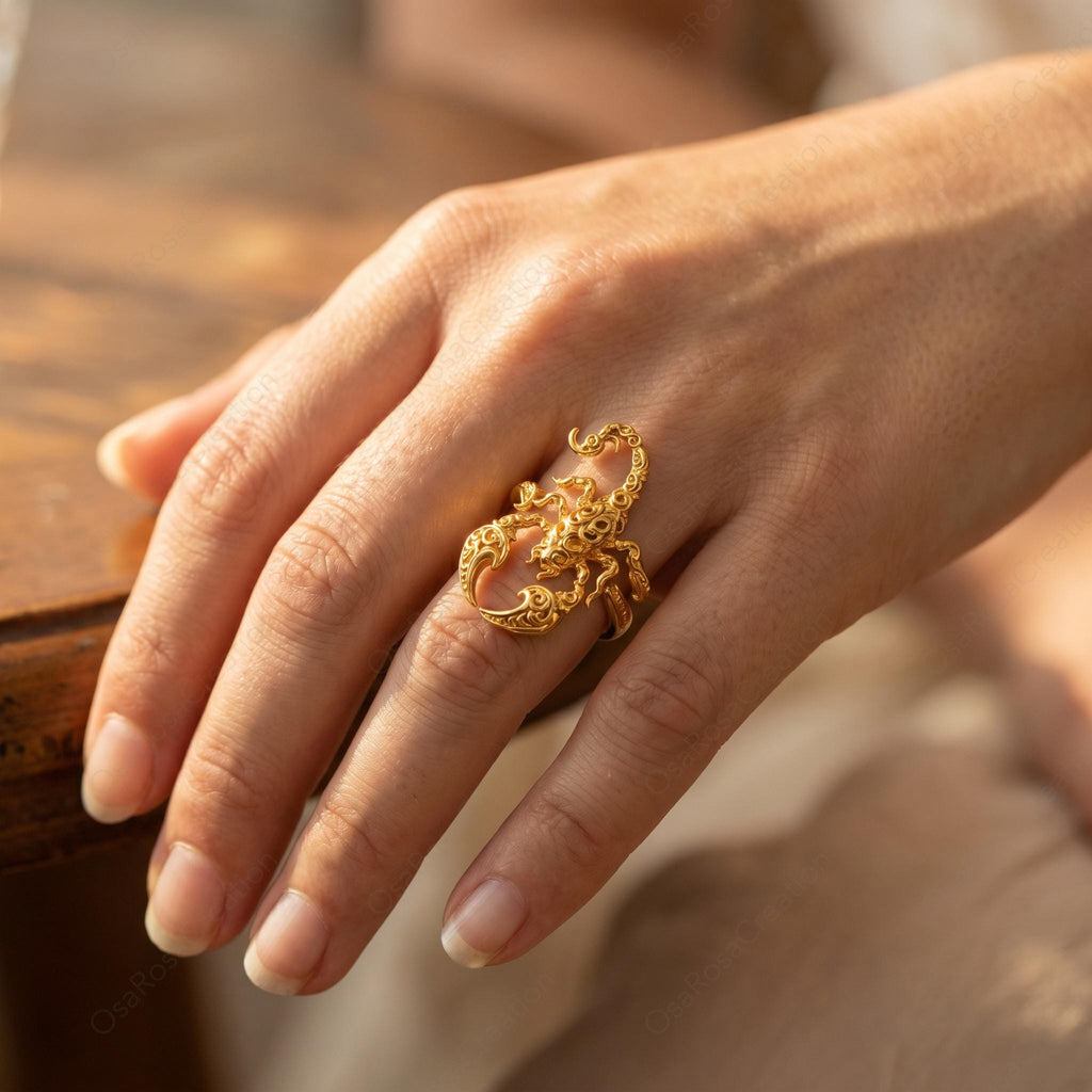 Gold Scorpion Ring, Baroque Engraved Animal Statement Jewelry, Adjustable Talisman Band