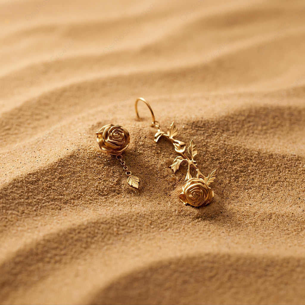 Asymmetrical Rose Earrings • 18k Gold Plated, Sterling Silver Posts