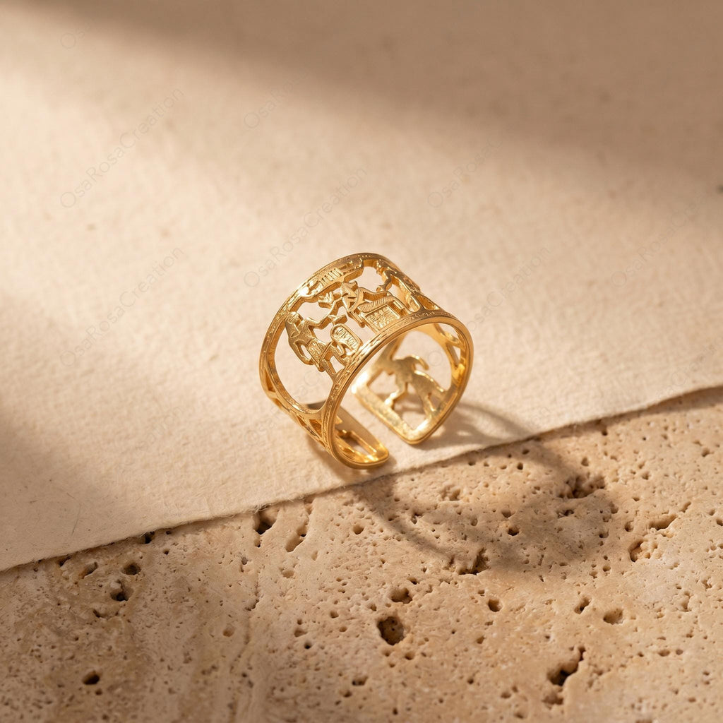 Gold Plated Copper Hieroglyphic Ring | Egyptian Nile Statement Jewelry (Adjustable)