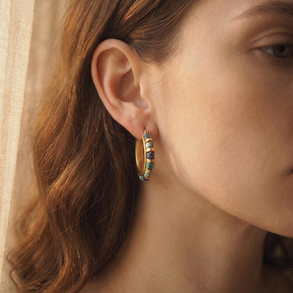 Turquoise Beaded Gold Hoop Earrings, Mediterranean Style Chunky Hoops, Lapis Lazuli Tone Vintage Earrings