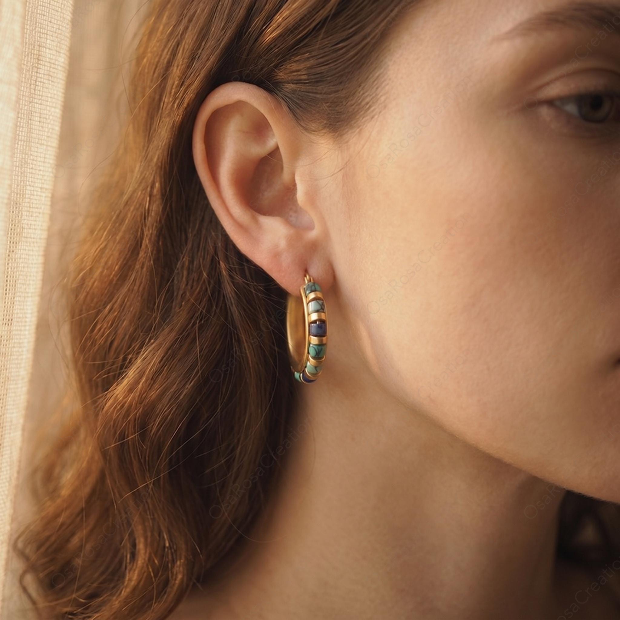 Turquoise Beaded Gold Hoop Earrings, Mediterranean Style Chunky Hoops, Lapis Lazuli Tone Vintage Earrings