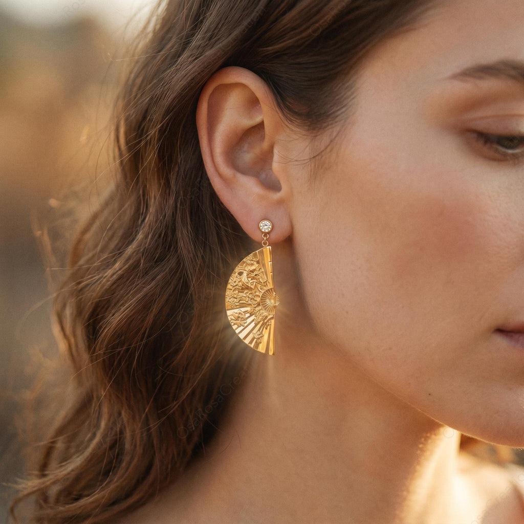 Gold Fan Earrings, Engraved Art Deco Statement Dangle Jewelry