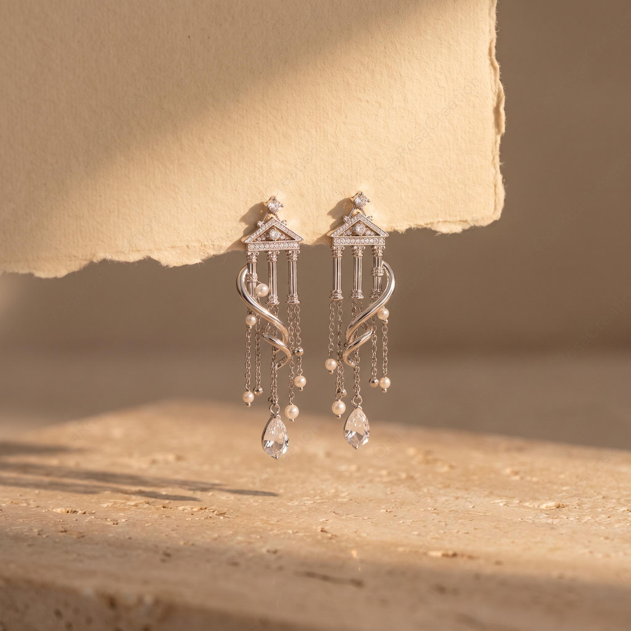 Architectural Drop Earrings, Silver Temple Dangle Earrings, Pearl Tassel Earrings, Classical Antiquity Jewelry, Elegant Statement Drop