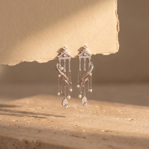 Architectural Drop Earrings, Silver Temple Dangle Earrings, Pearl Tassel Earrings, Classical Antiquity Jewelry, Elegant Statement Drop