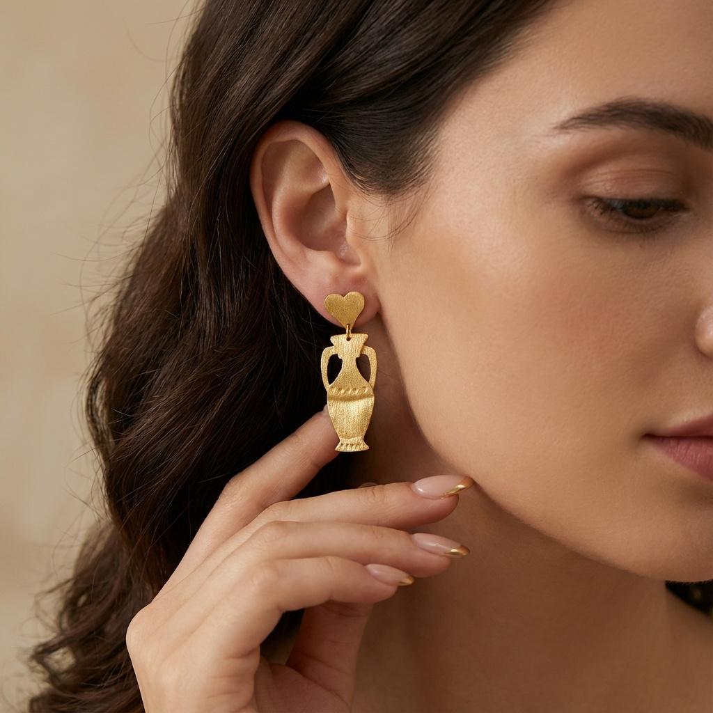 Gold Amphora Drop Earrings, Ancient Greek Vase Earrings, Aphrodite Inspired Jewelry, Heart Stud Gold Dangle Earrings, Mythology Gift for Her