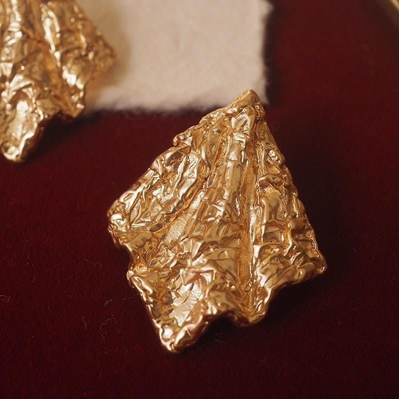 Gold Crumpled Texture Stud Earrings, Modern Minimalist, Sterling Silver Post