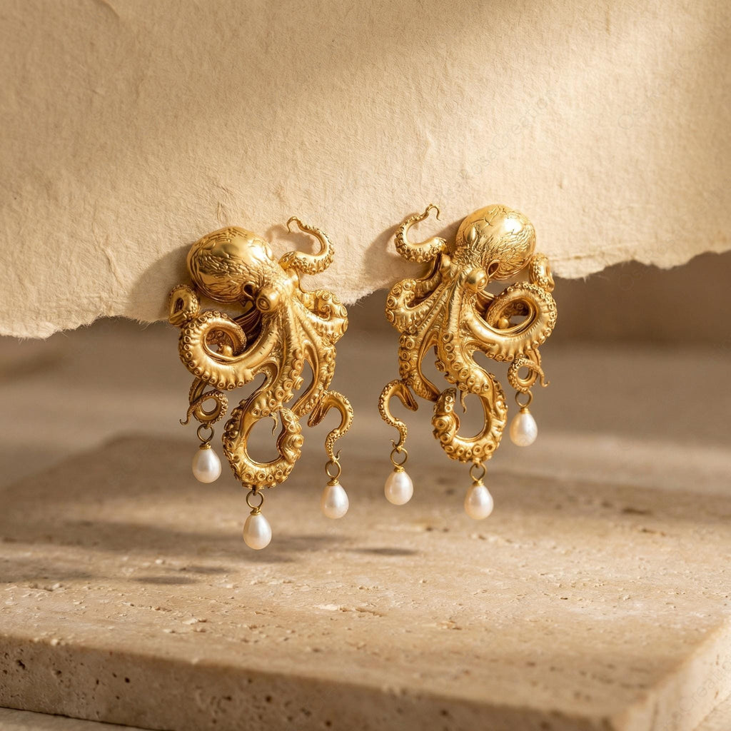 Sculptural Gold Octopus Earrings with Pearl Drops – Artistic Marine Jewelry