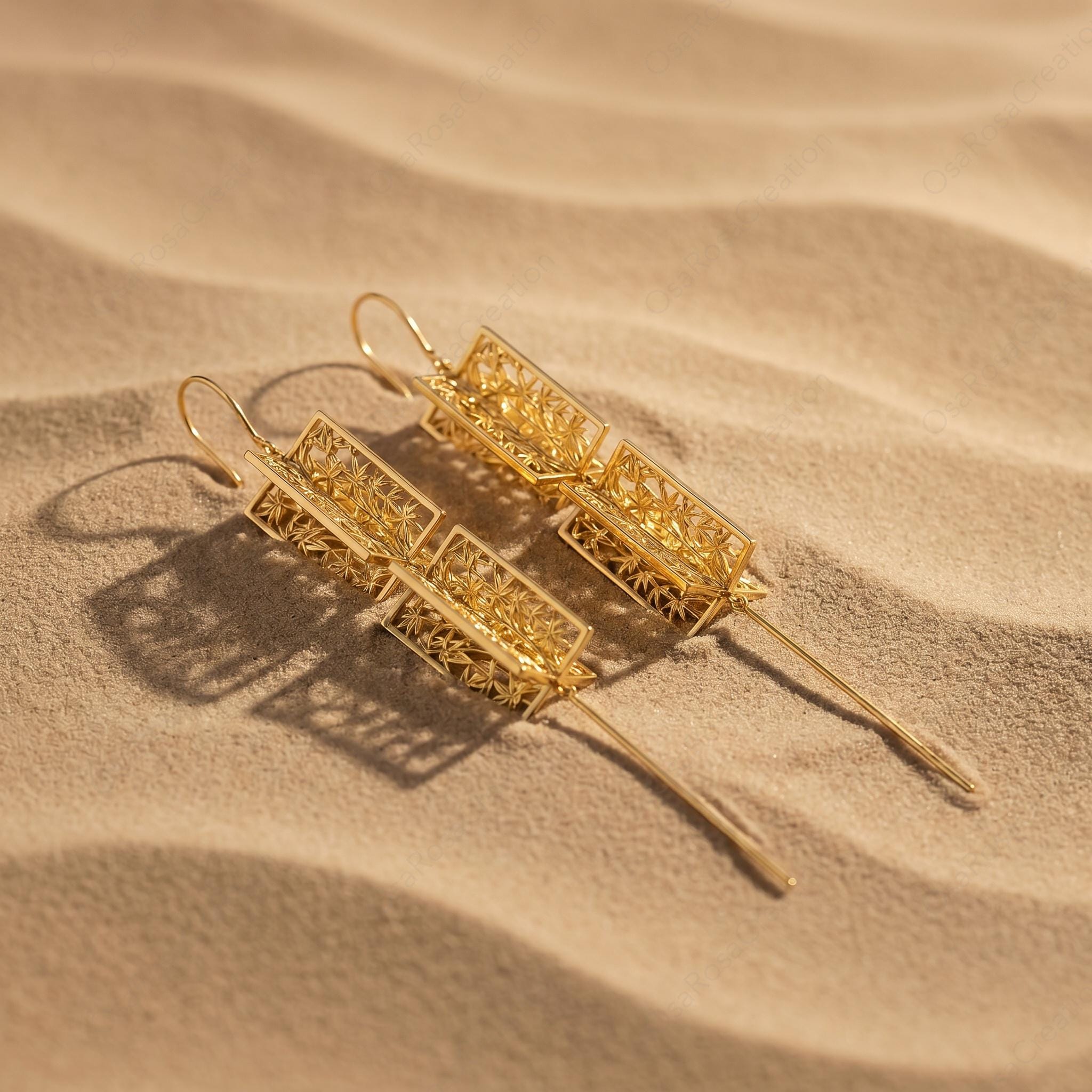 Gold Bamboo Lantern Drop Earrings, Architectural Oriental Botanical Statement Jewelry