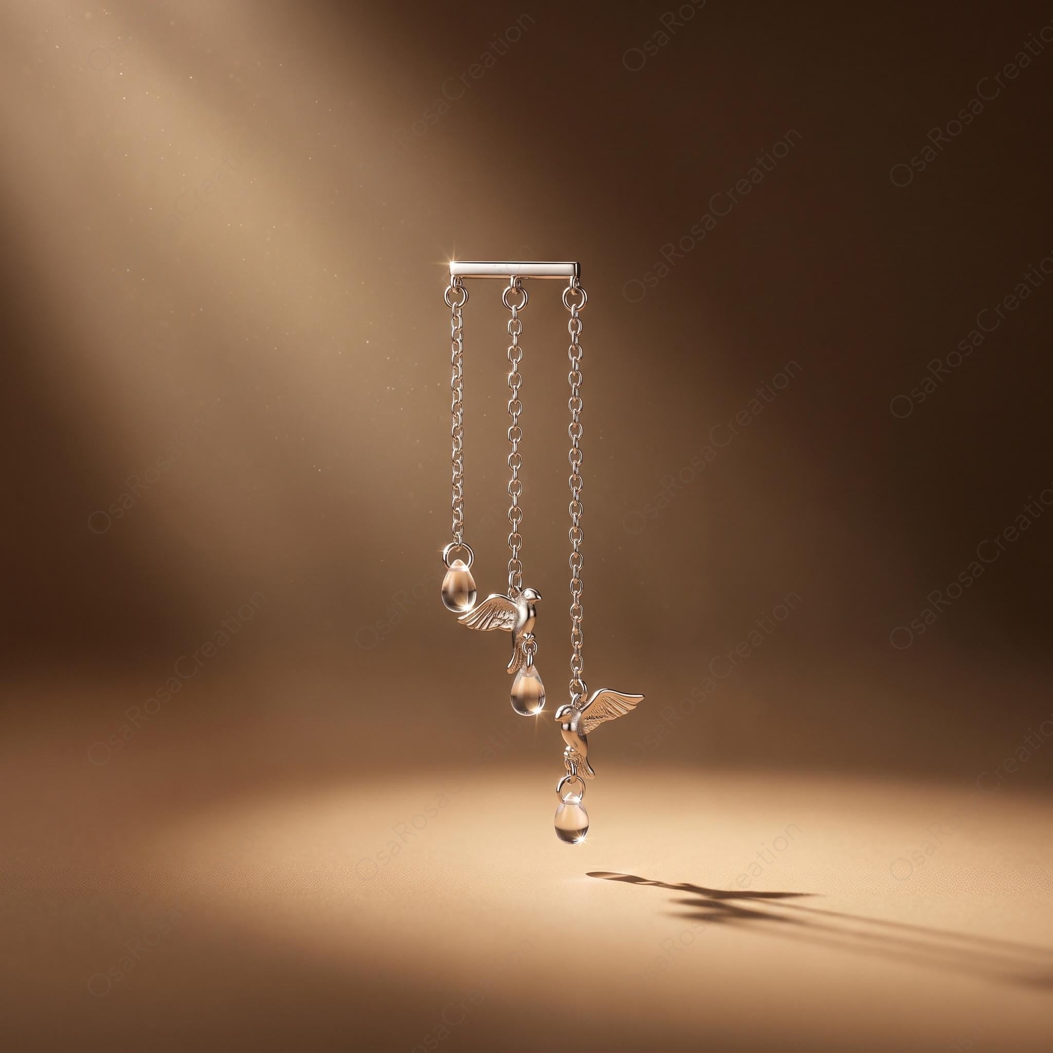 Kinetic Silver Bird Drop Earrings with Crystal Fringe – Nature Inspired Chandelier Jewelry