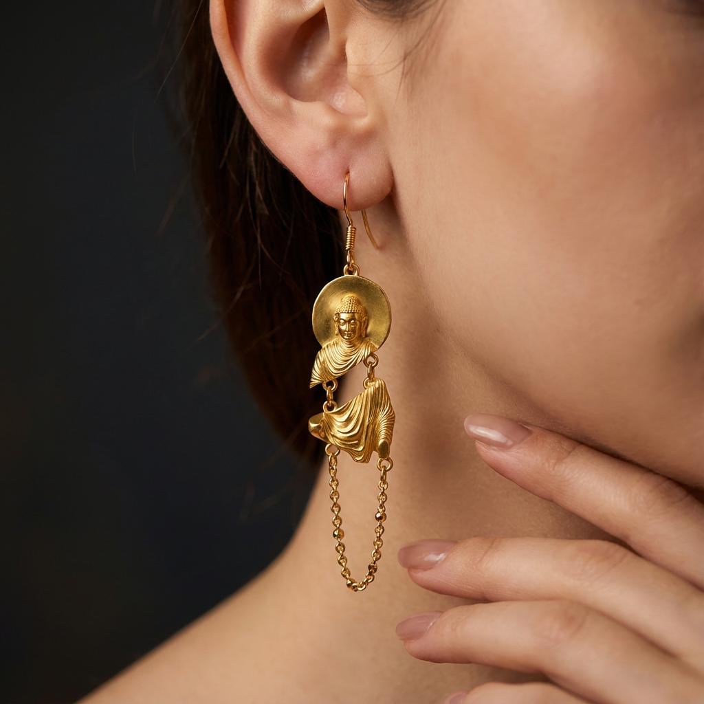 Buddha Dangle Earrings, Gold Plated Brass Statement Earrings, 925 Sterling Silver Hooks, Sacred Wisdom Talisman, Unique Art Jewelry