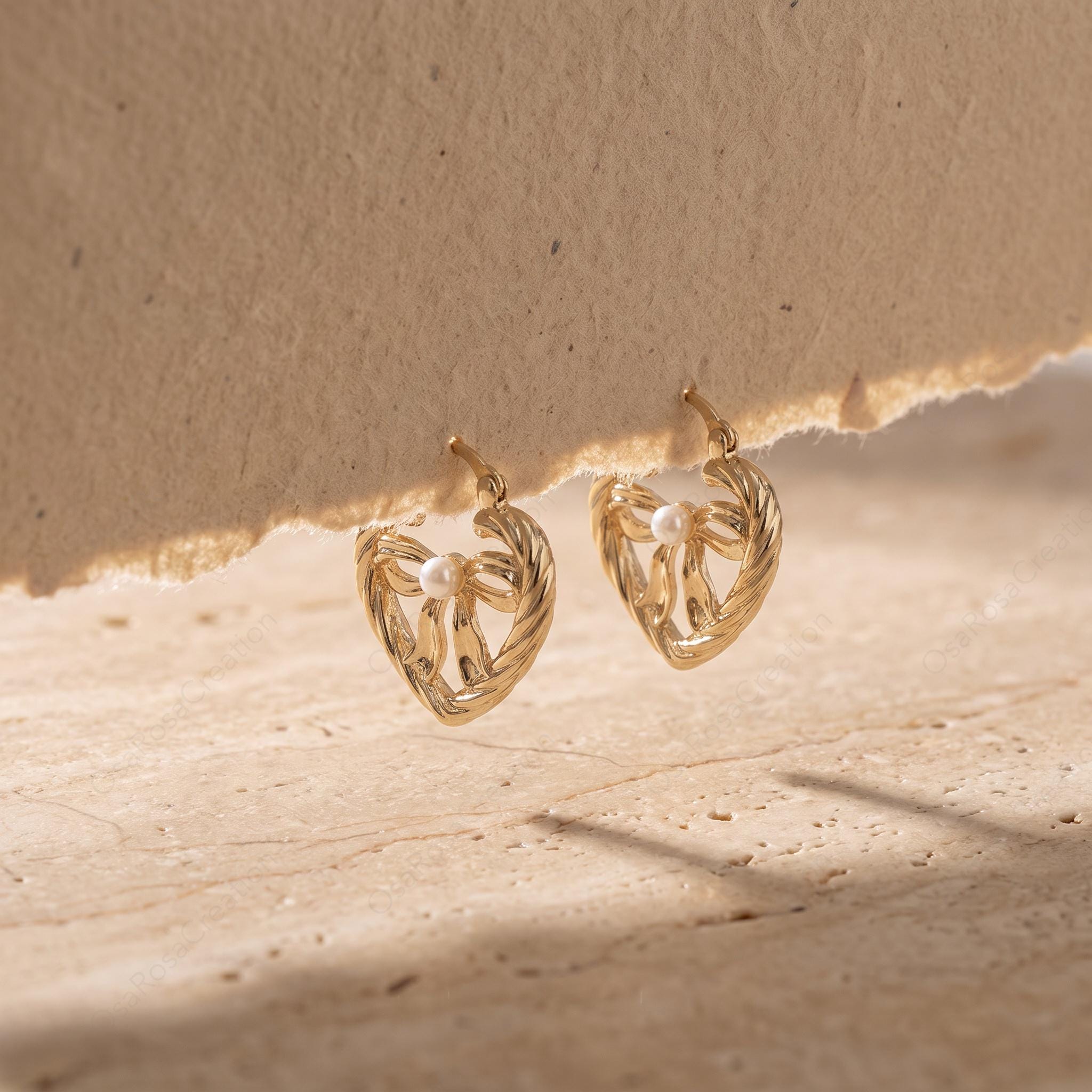Gold Bow Pearl Hoop Earrings, Vintage Ribbon Wreath Earrings, Coquette Aesthetic Jewelry, Elegant Gift for Her