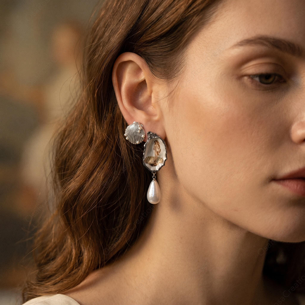 Renaissance Art Oyster Earrings | Silver Shell Pearl Drop Earrings | Vintage Museum Jewelry | Artistic Statement Dangle Earrings