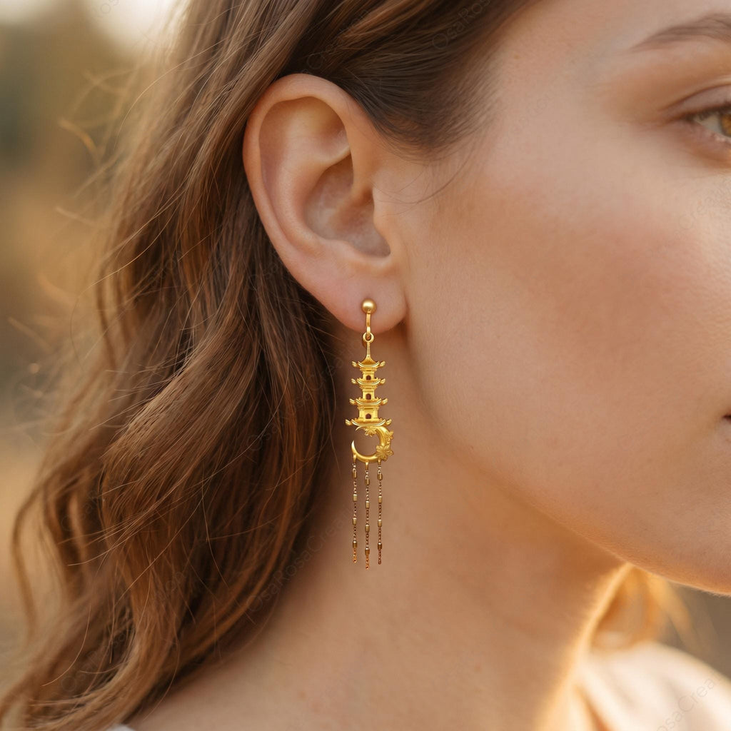 Moon Pagoda Earrings, Gold Temple Dangle Earrings, Crescent Tower Drop Earrings, Oriental Myth Jewelry