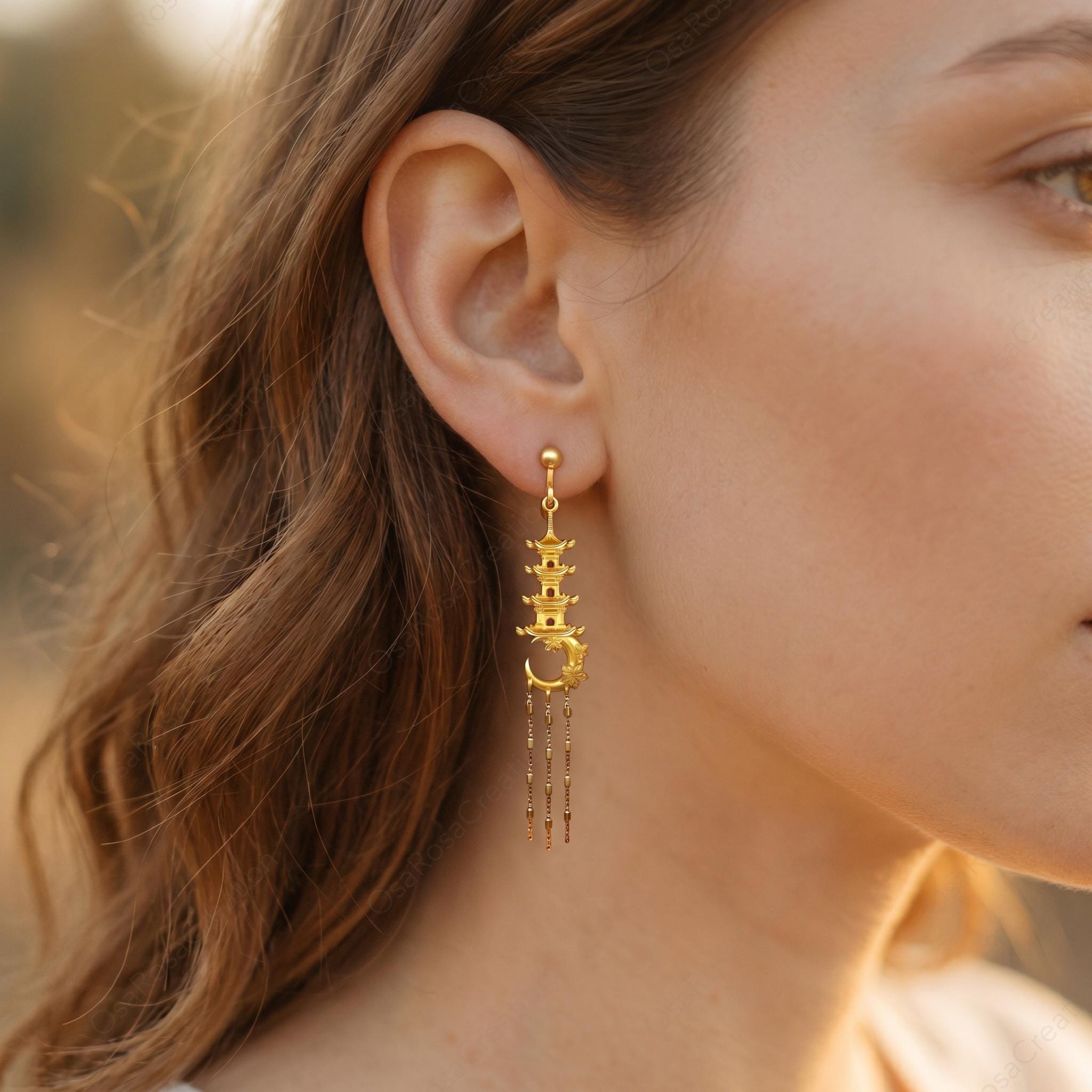 Moon Pagoda Earrings, Gold Temple Dangle Earrings, Crescent Tower Drop Earrings, Oriental Myth Jewelry