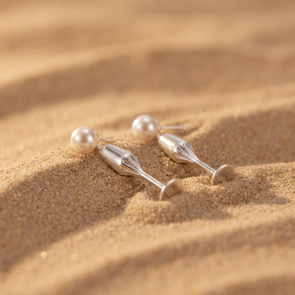Silver Champagne Flute Earrings with Faux Pearl, Elegant Goblet Dangle Jewelry
