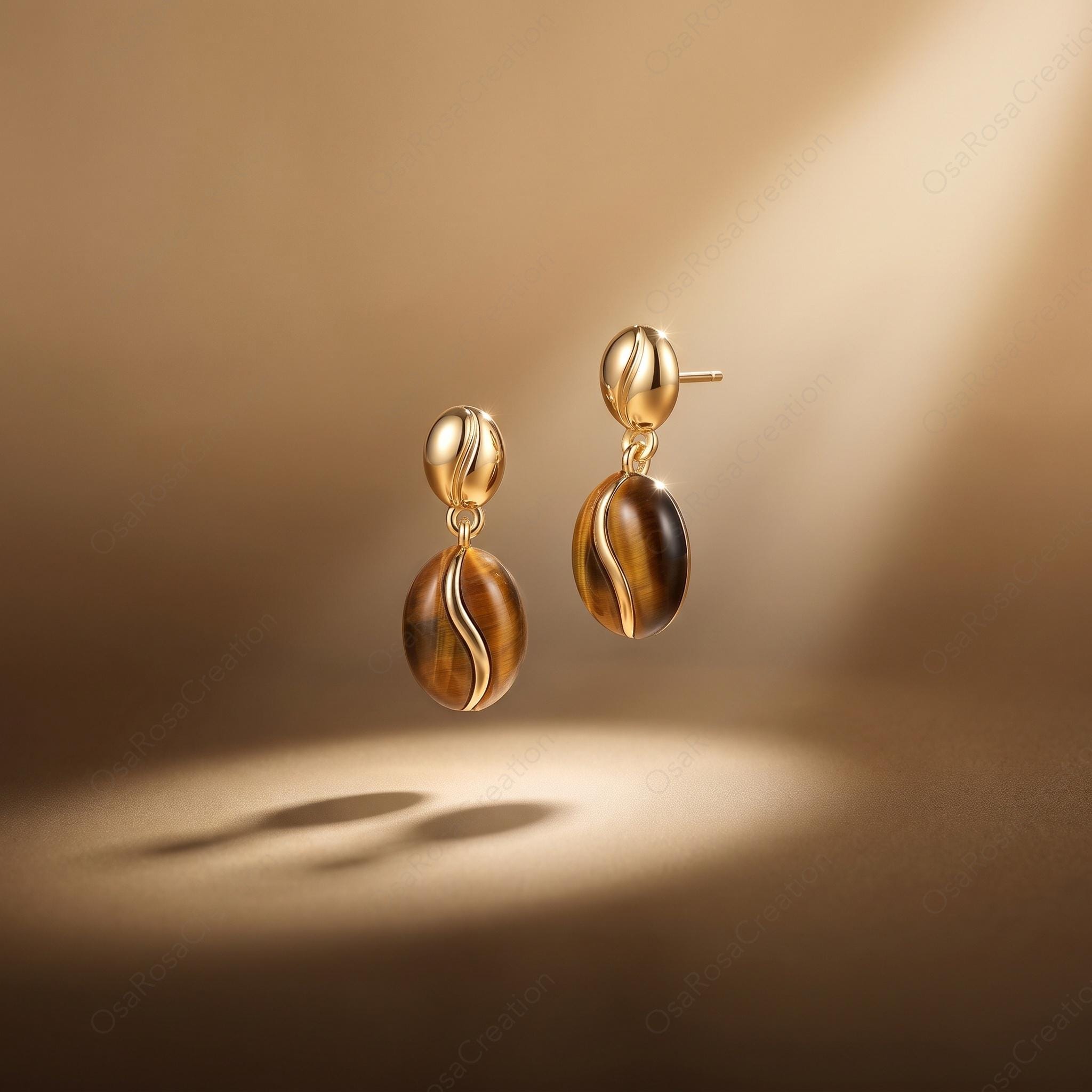 Sculptural Coffee Bean Earrings, Faux Tiger's Eye, Gold Plated Copper, 925 Sterling Silver Post